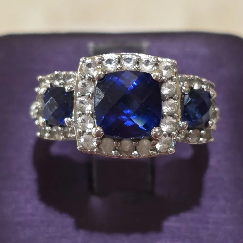 Cushion Cut Blue Three (3) Stone CZ Accent 925 Sterling Silver Ring Size 6.75